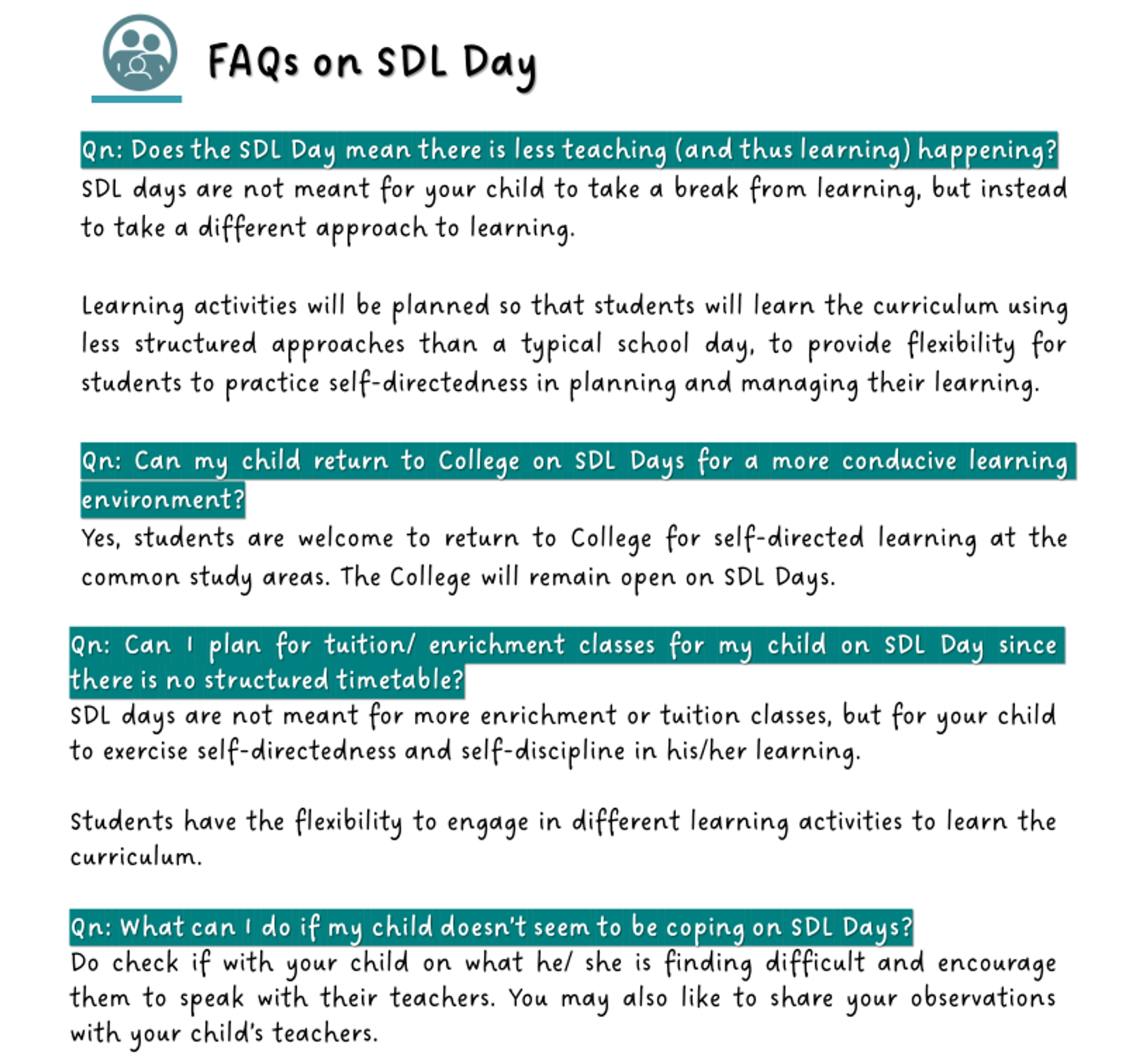 FAQ sheet titled FAQs on SDL Day with four questions and answers about self-directed learning days for students.